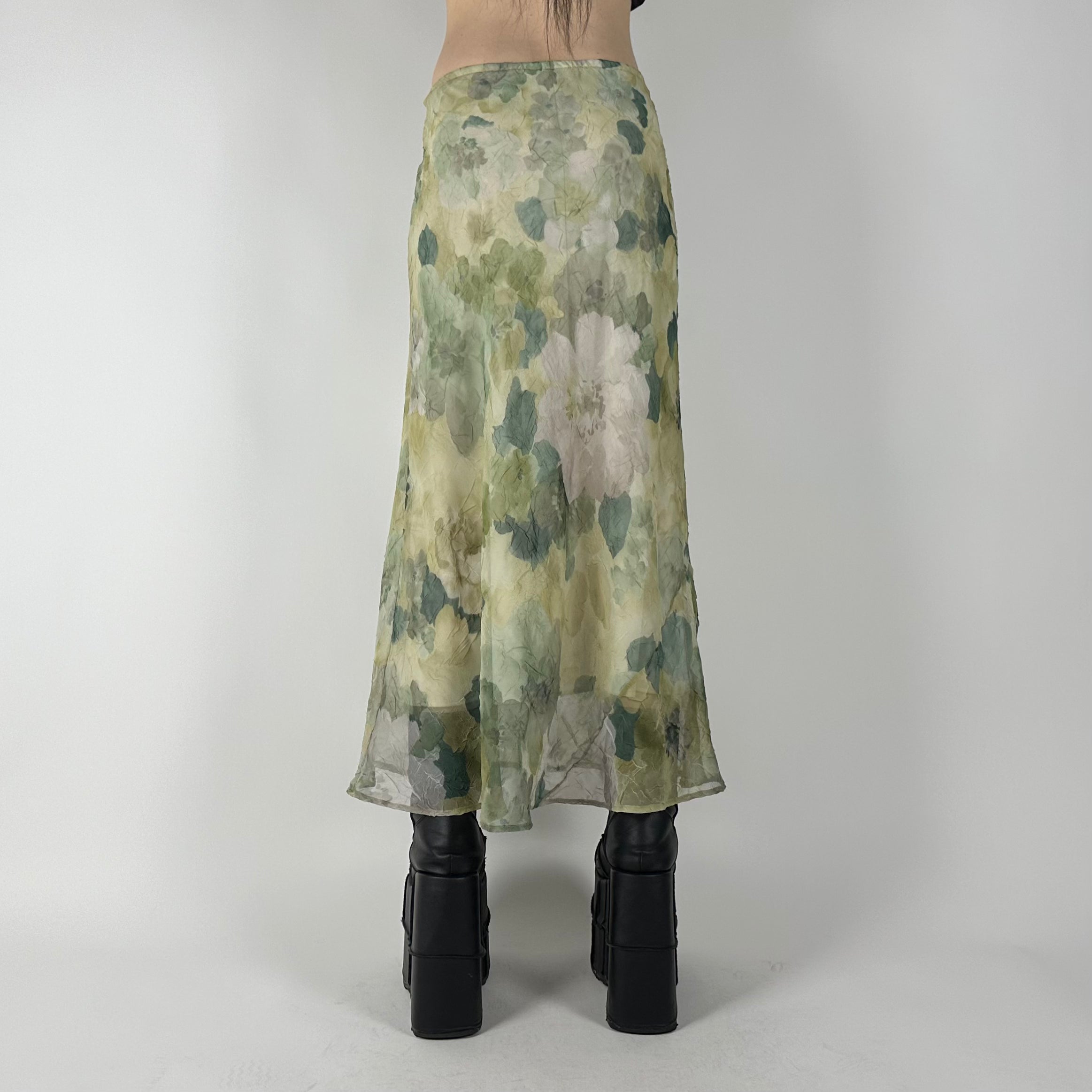 90s Sage Green Floral Maxi Skirt (S)