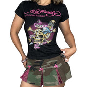 Ed Hardy Black & Pink Rhinestone Skull Graphic Baby Tee (M)