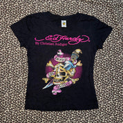 Ed Hardy Black & Pink Rhinestone Skull Graphic Baby Tee (M)