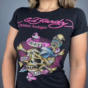 Ed Hardy Black & Pink Rhinestone Skull Graphic Baby Tee (M)