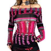 Off The Shoulder Abstract Printed Mesh Long Sleeve (M/L)