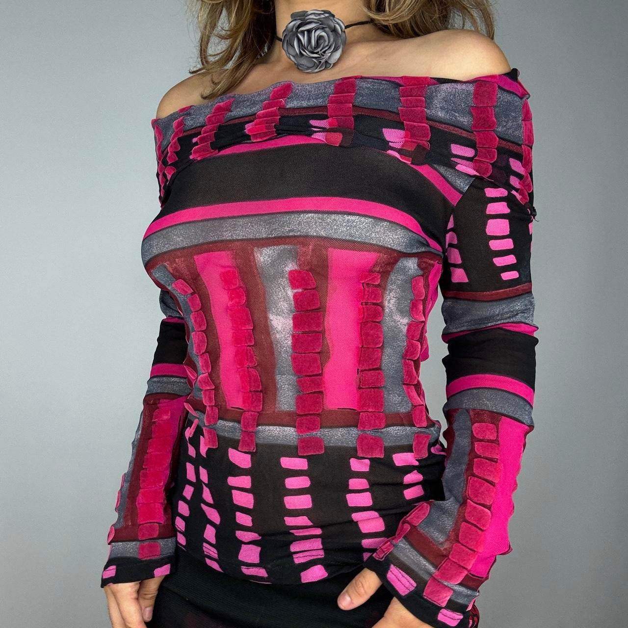 Off The Shoulder Abstract Printed Mesh Long Sleeve (M/L)
