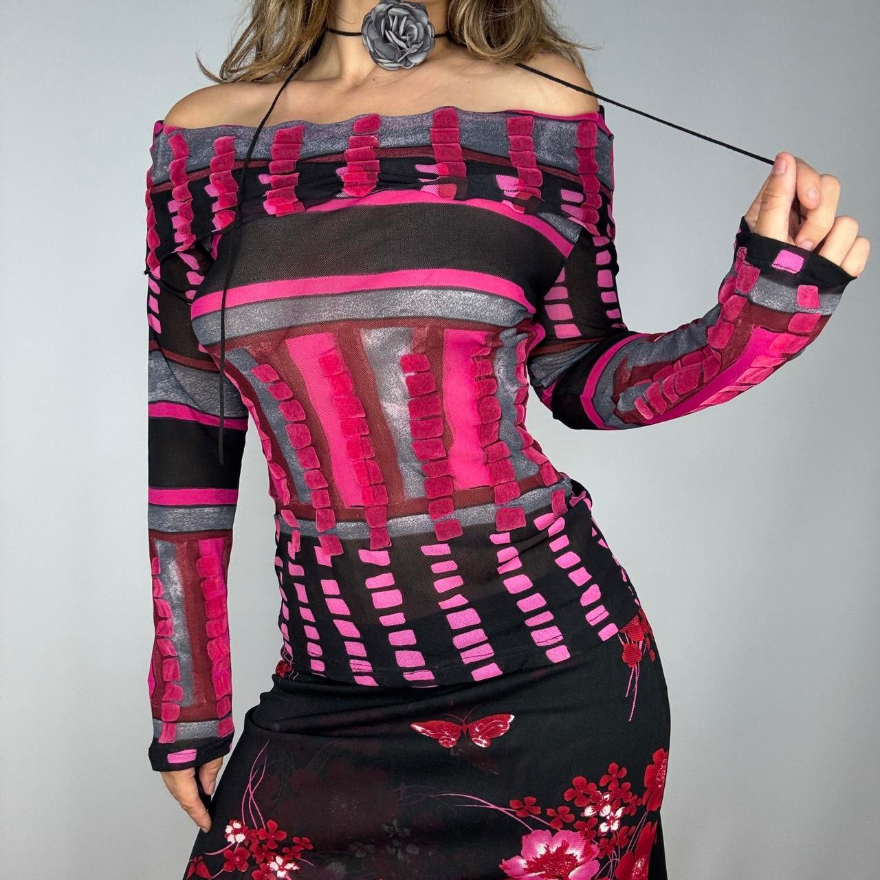 Off The Shoulder Abstract Printed Mesh Long Sleeve (M/L)