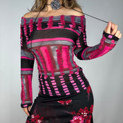 Off The Shoulder Abstract Printed Mesh Long Sleeve (M/L)