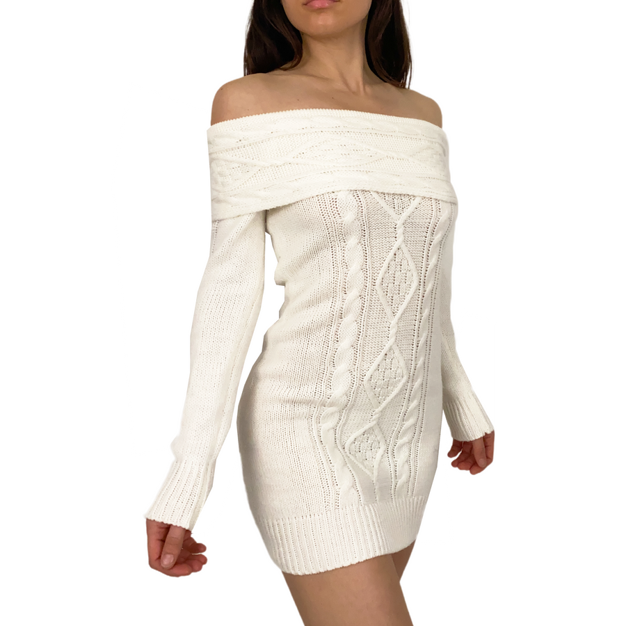 White Off The Shoulder Sweater Dress (XS)