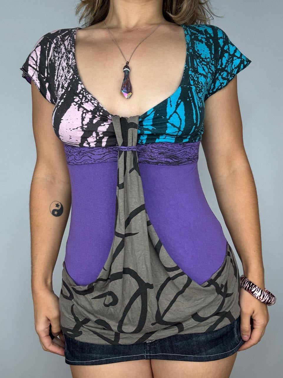 Abstract Print Draped Pocket Detail Color Block Top (S)