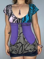 Abstract Print Draped Pocket Detail Color Block Top (S)