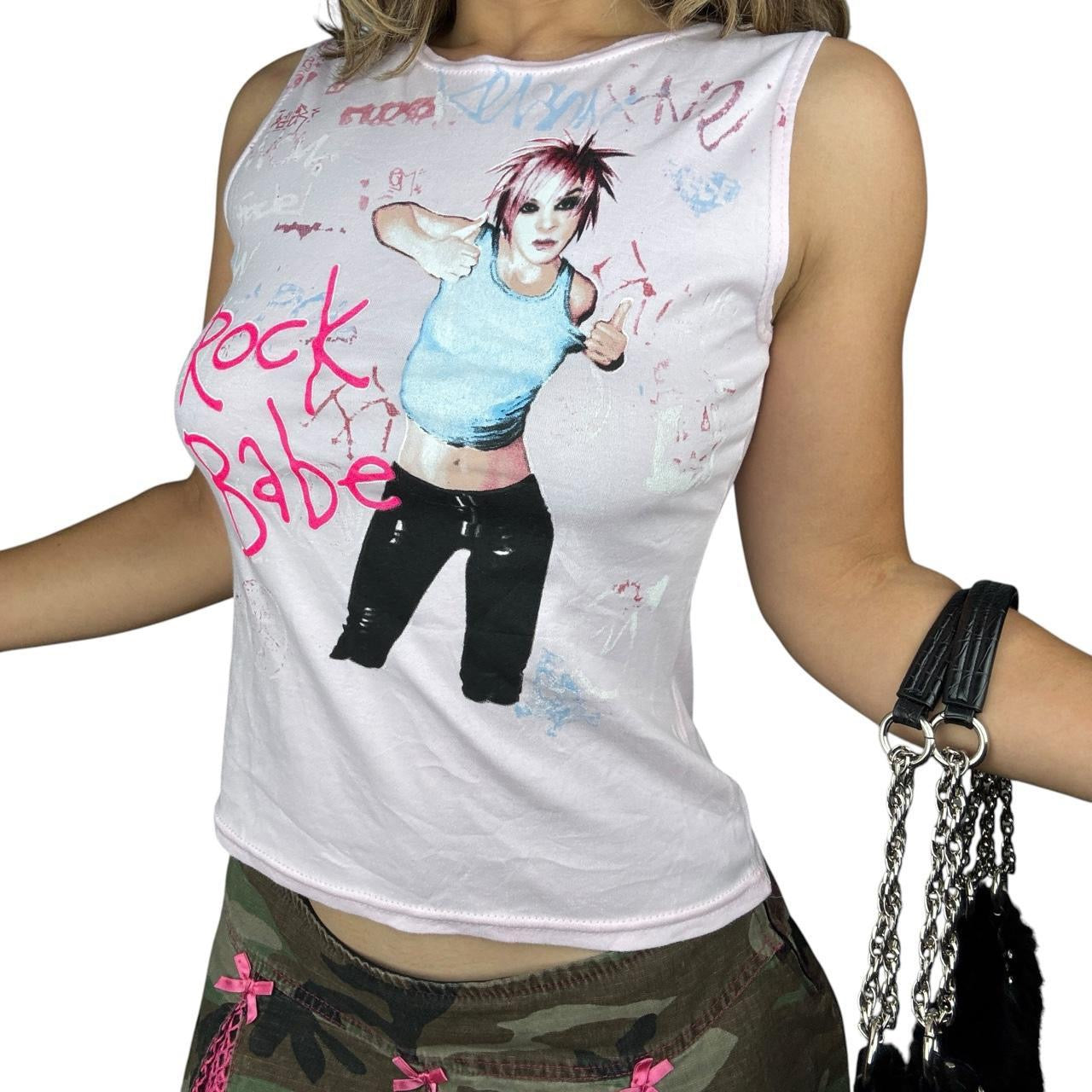 Y2K “Rock Babe” Pastel Pink Emo Graphic Tank Top (L)