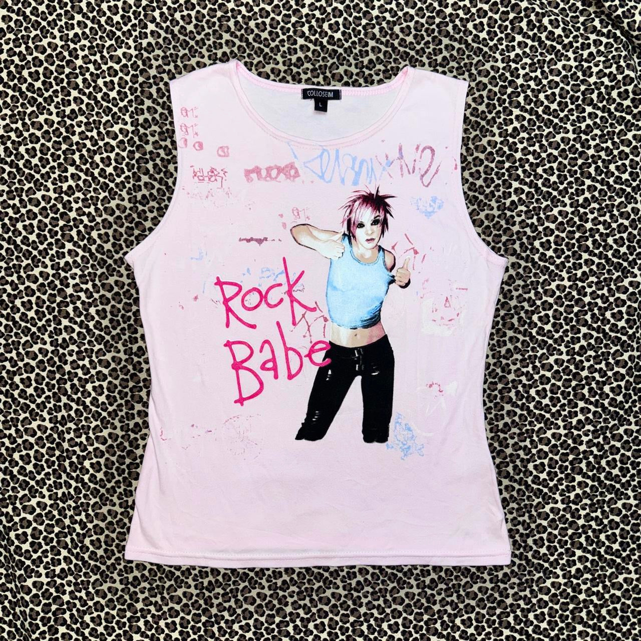 Y2K “Rock Babe” Pastel Pink Emo Graphic Tank Top (L)