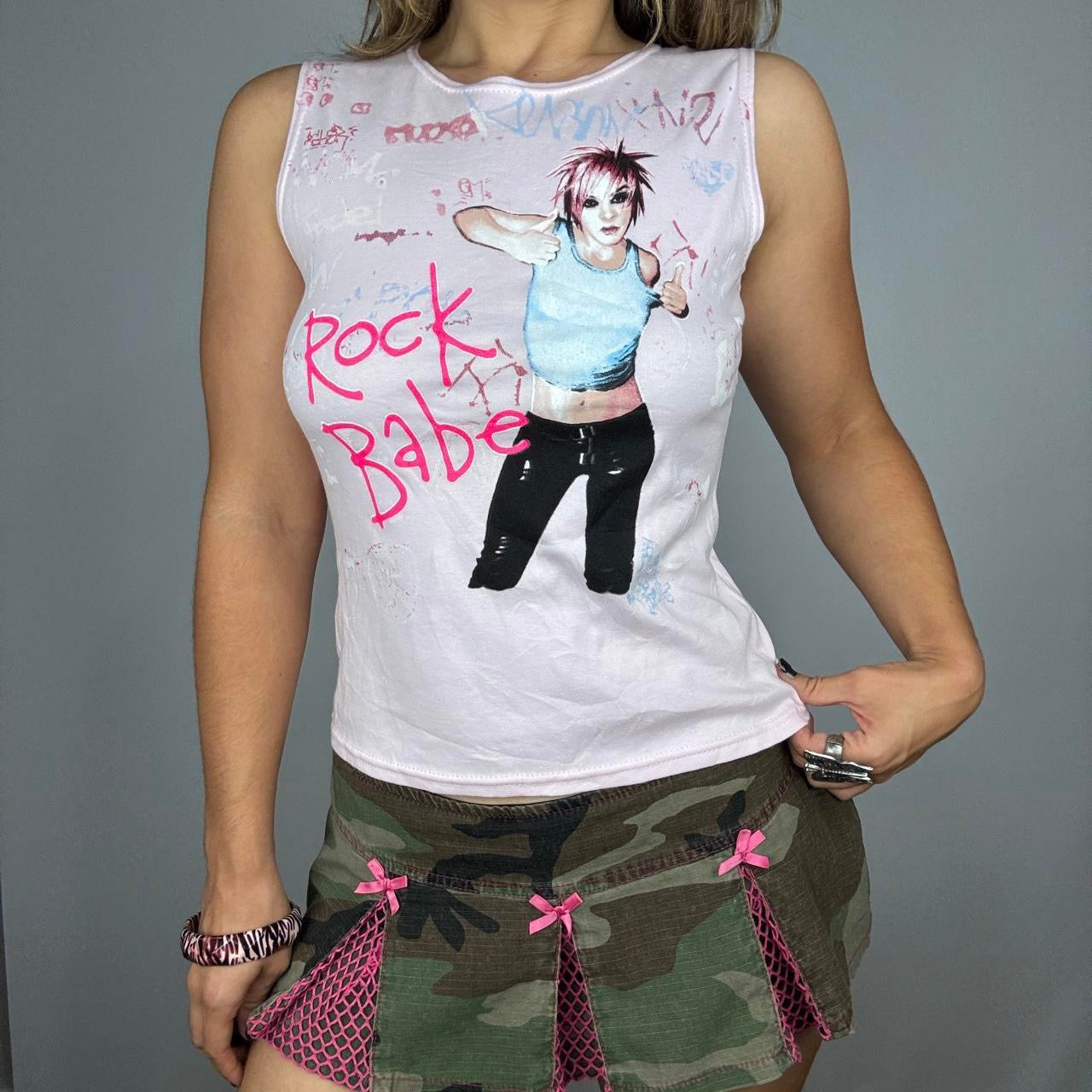 Y2K “Rock Babe” Pastel Pink Emo Graphic Tank Top (L)