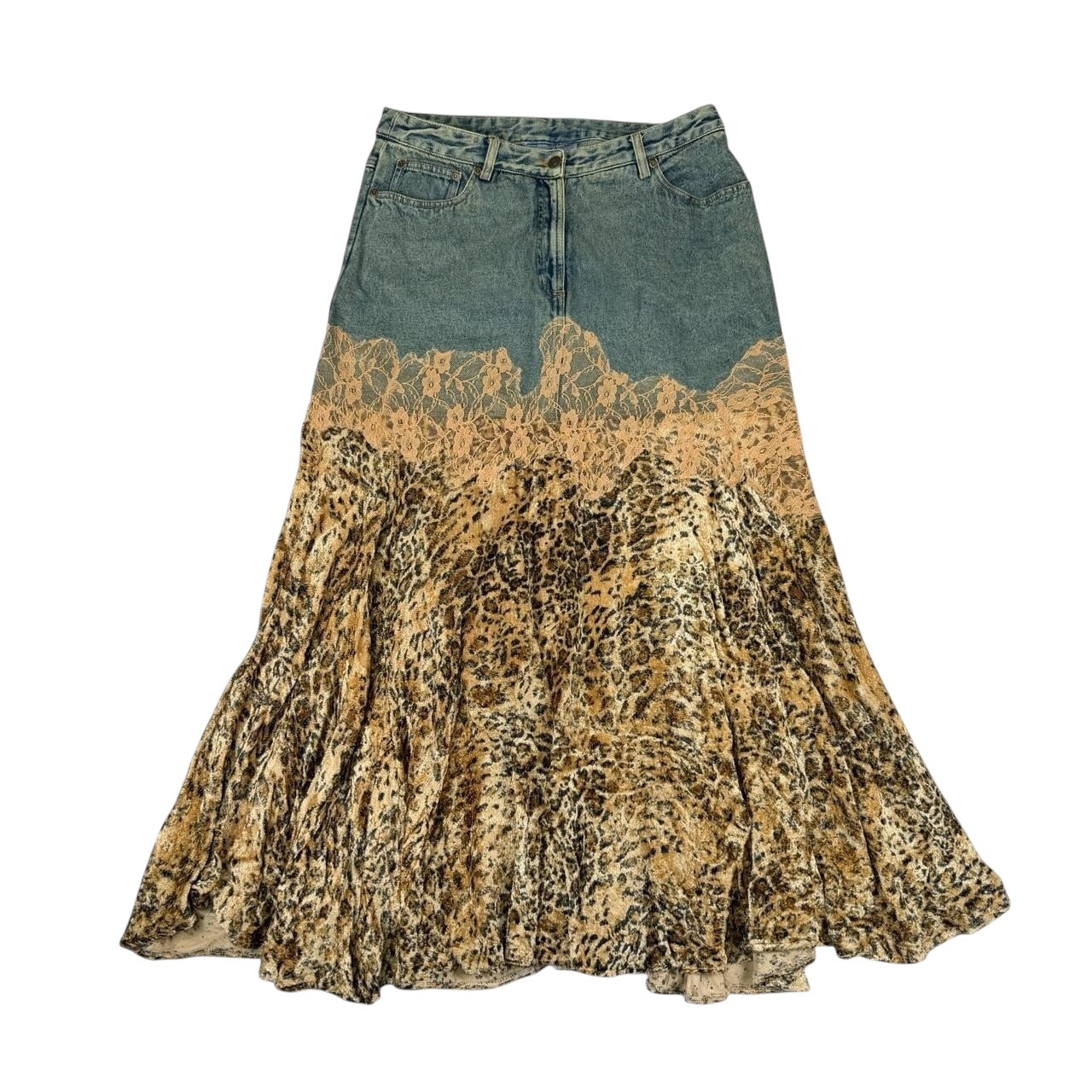 Jeanology Leopard Print Lace Denim Maxi Skirt (L)