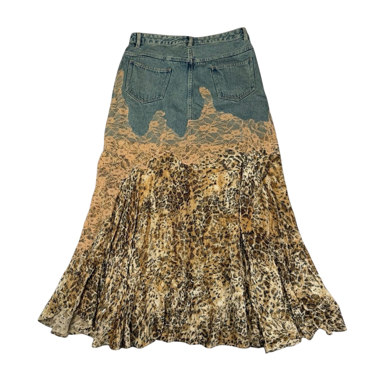 Jeanology Leopard Print Lace Denim Maxi Skirt (L)