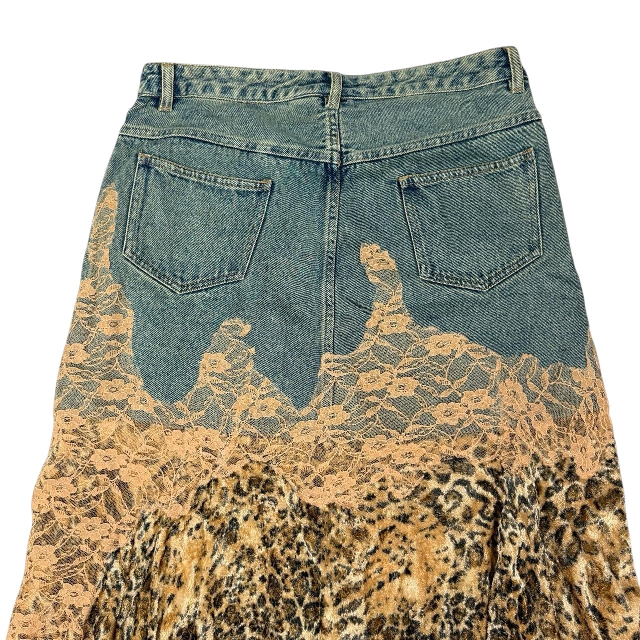 Jeanology Leopard Print Lace Denim Maxi Skirt (L)