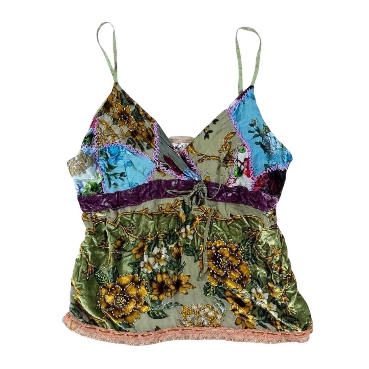 Aris A. Patchwork Floral Silk Cami Top with Beaded Trim (M)