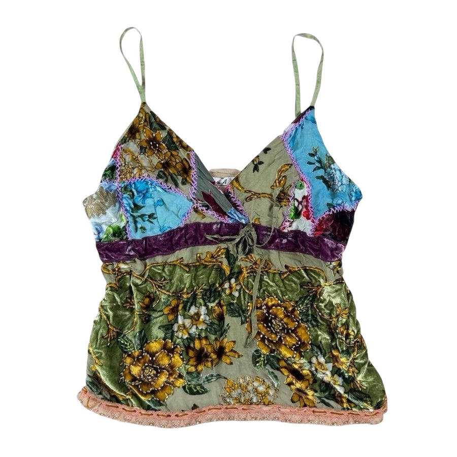 Aris A. Patchwork Floral Silk Cami Top with Beaded Trim (M)