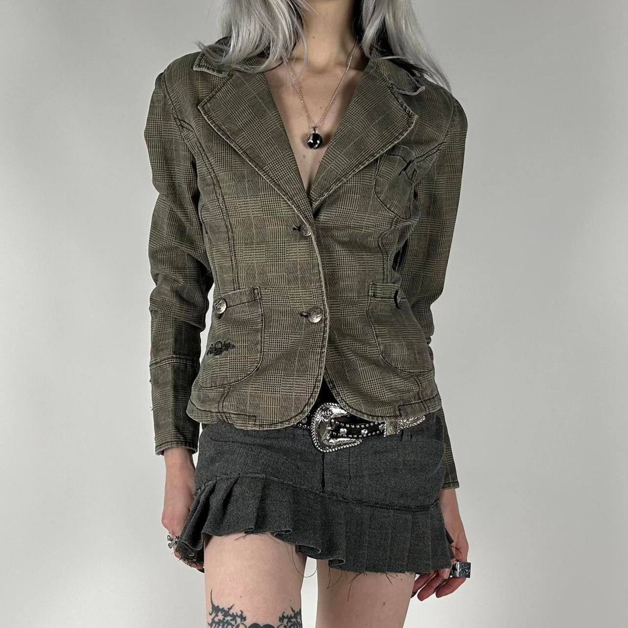 Y2K Skull Plaid Denim Jacket (M)