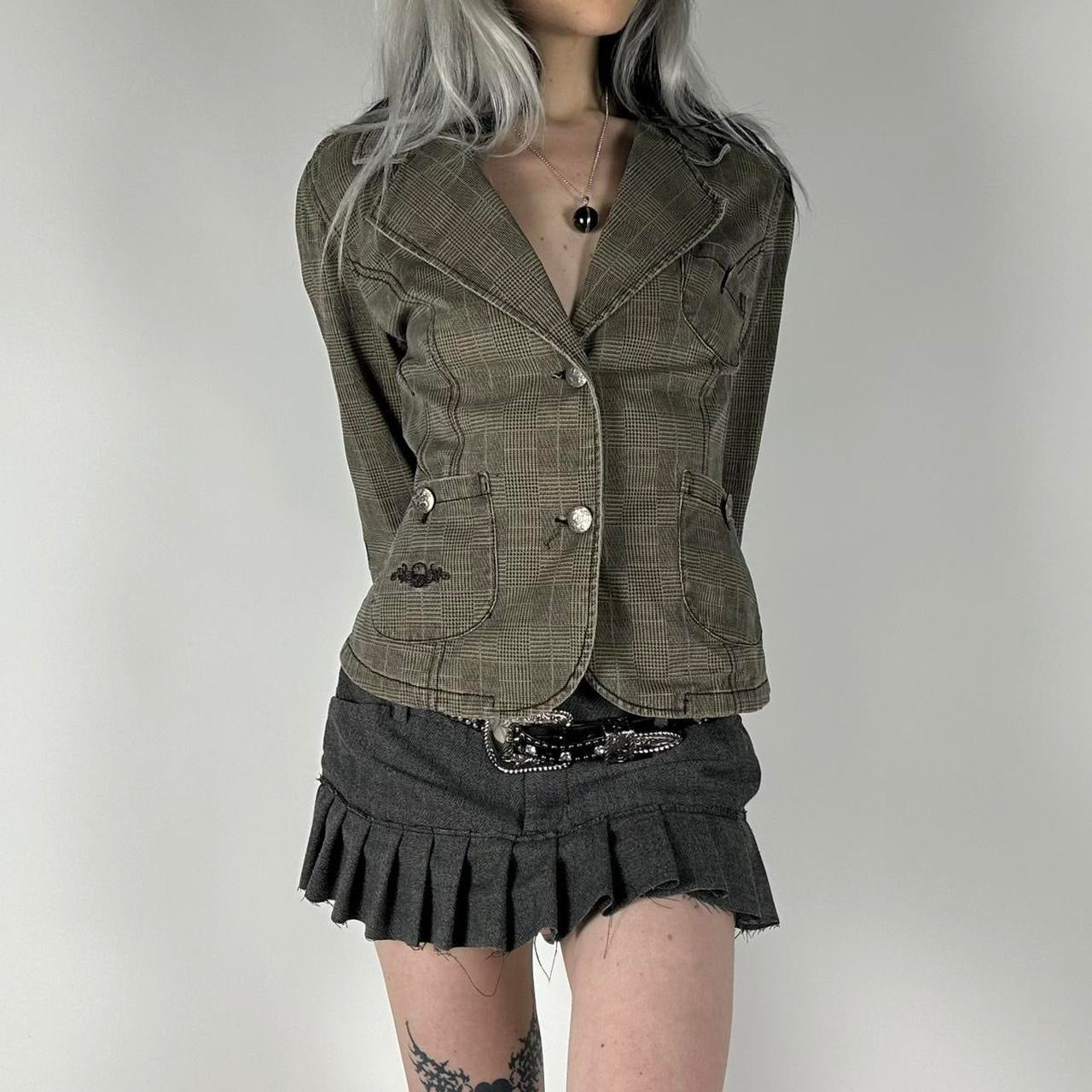 Y2K Skull Plaid Denim Jacket (M)
