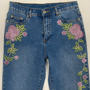 Rhinestone Rose Mid-Rise Jeans (S)