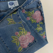 Rhinestone Rose Mid-Rise Jeans (S)