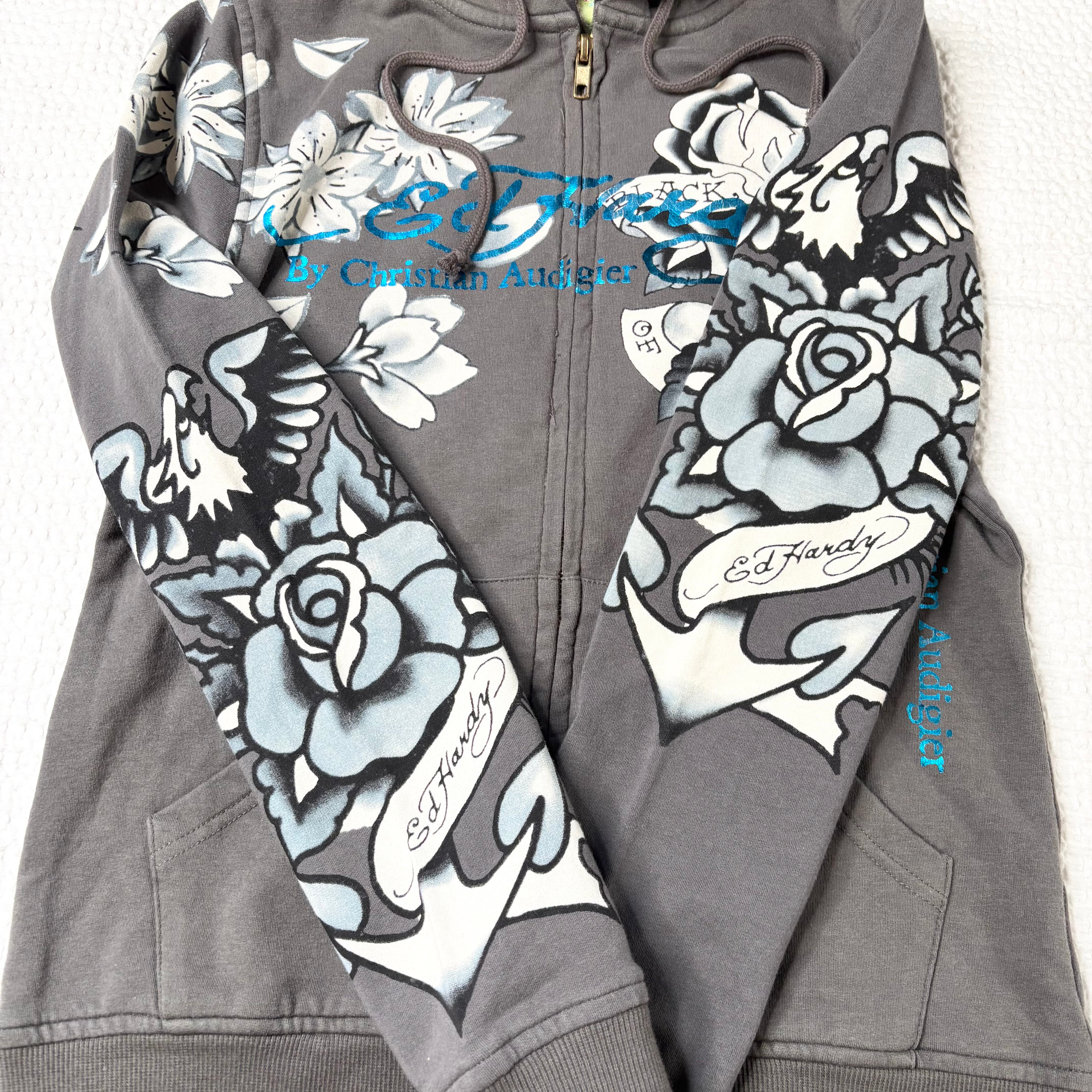 Ed Hardy Vintage Grungy Graphic Zip Up Hoodie (S)