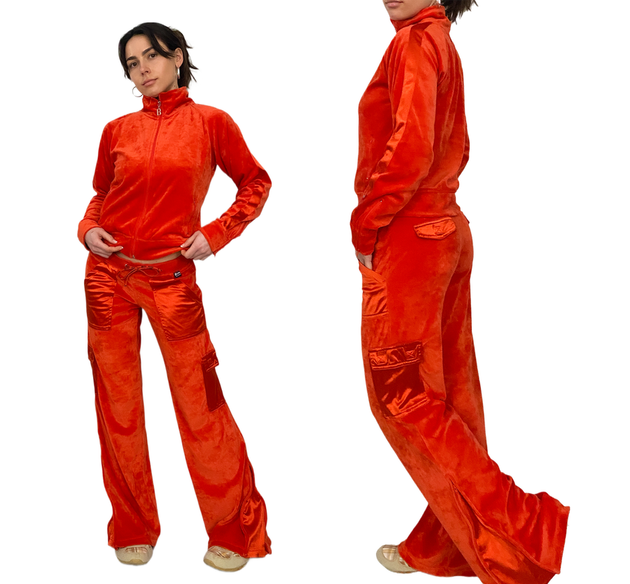 Y2K Orange Velour and Satin Track Suit (S/M)