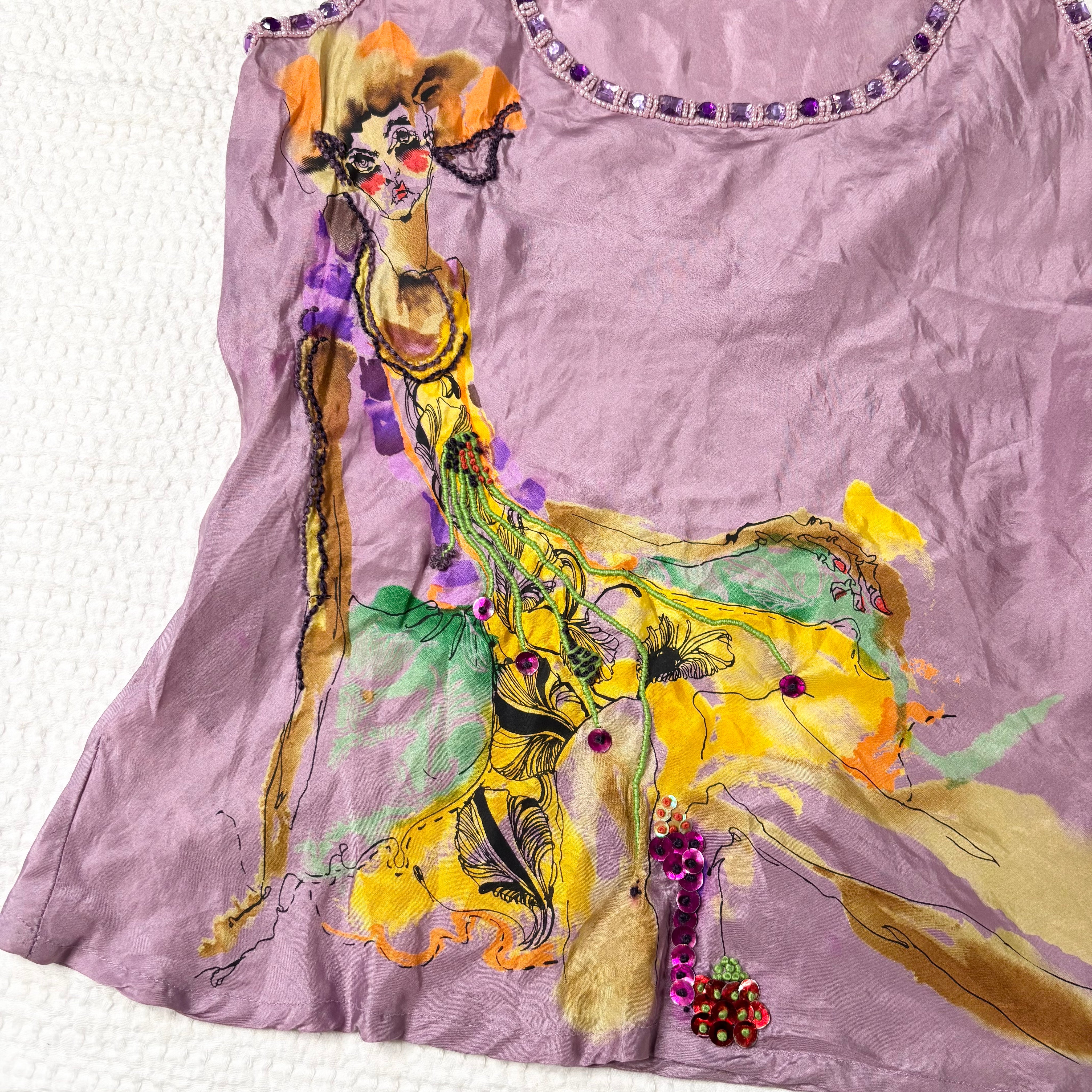 MNG Silk Beaded Embroidered Graphic Tank (XS)