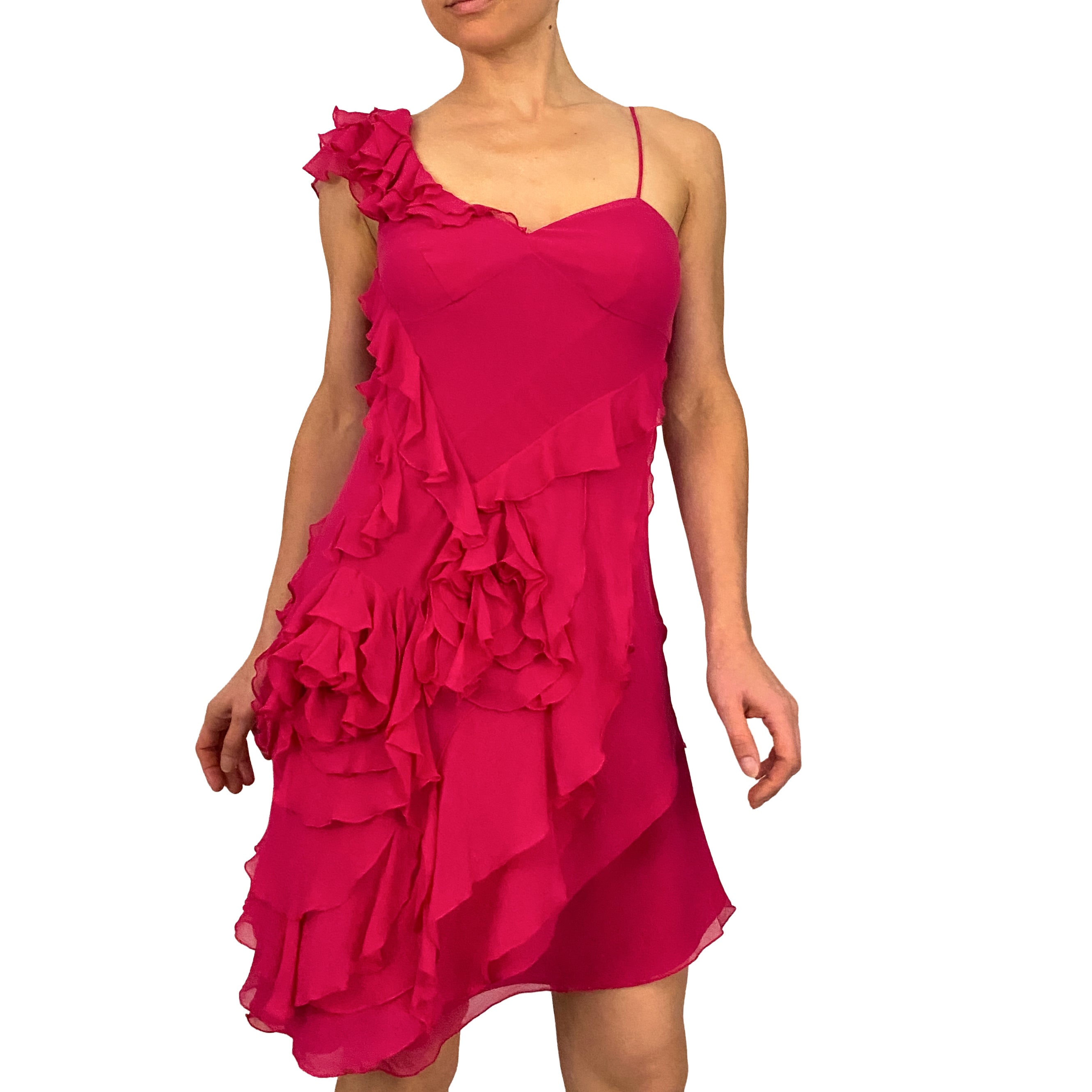 KAREN MILLEN Pink Silk Flower Ruffle Dress (S)