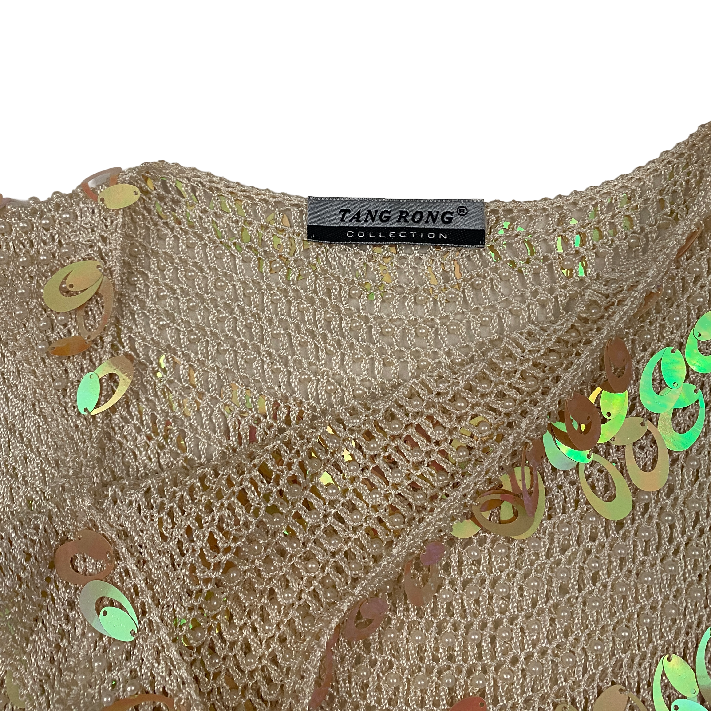 Vintage Cream Sequin and Pearl Knit Tank Top (XS/S)