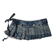 Upcycled Denim Patchwork Pleated Mini Skirt-Belt (S-M)