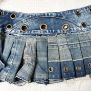Upcycled Denim Patchwork Pleated Mini Skirt-Belt (S-M)