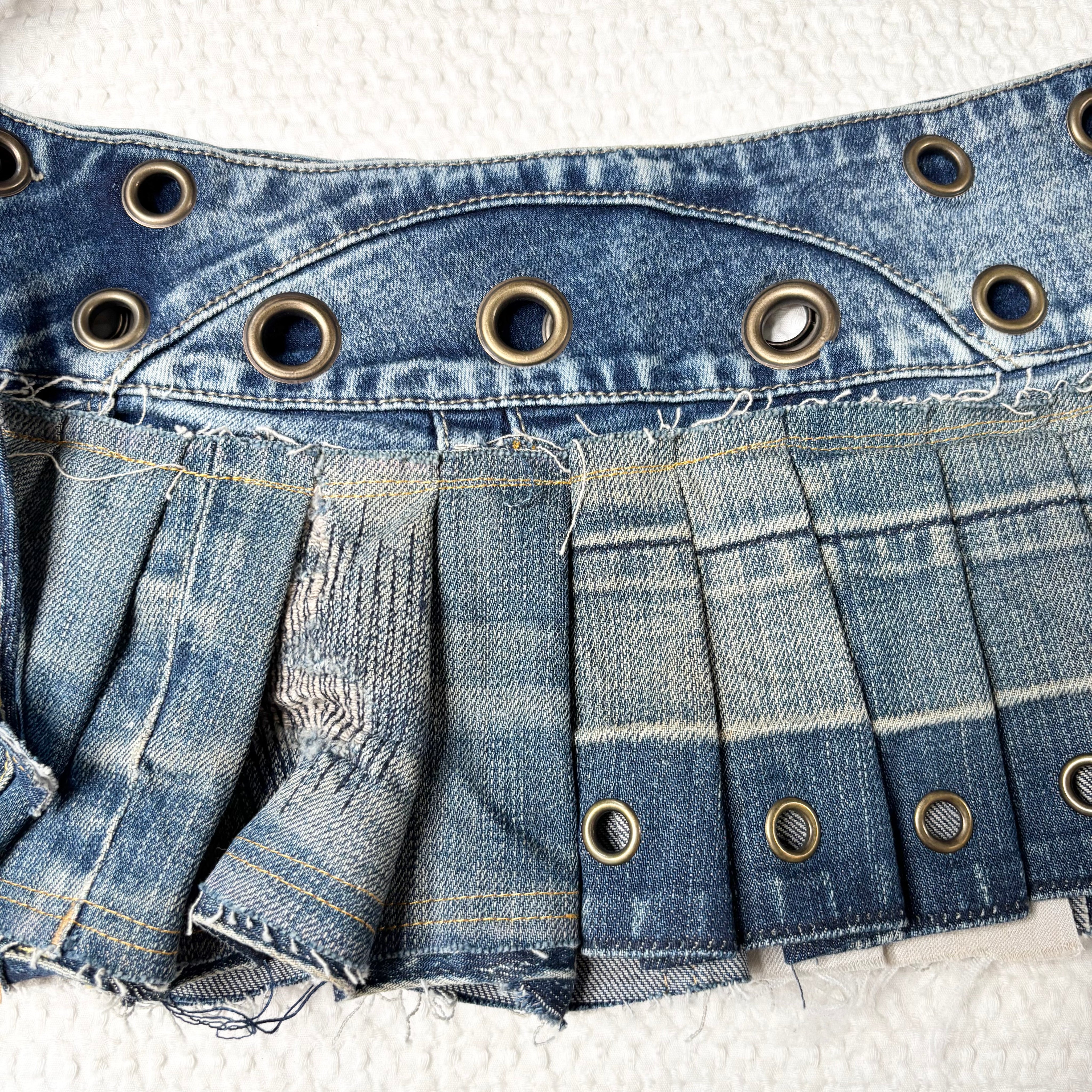 Upcycled Denim Patchwork Pleated Mini Skirt-Belt (S-M)