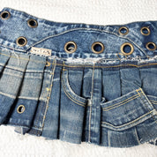 Upcycled Denim Patchwork Pleated Mini Skirt-Belt (S-M)