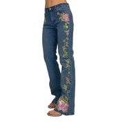 Rhinestone Rose Mid-Rise Jeans (S)