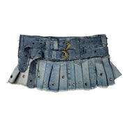 Upcycled Denim Patchwork Pleated Mini Skirt-Belt (S-M)