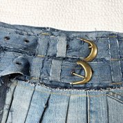 Upcycled Denim Patchwork Pleated Mini Skirt-Belt (S-M)