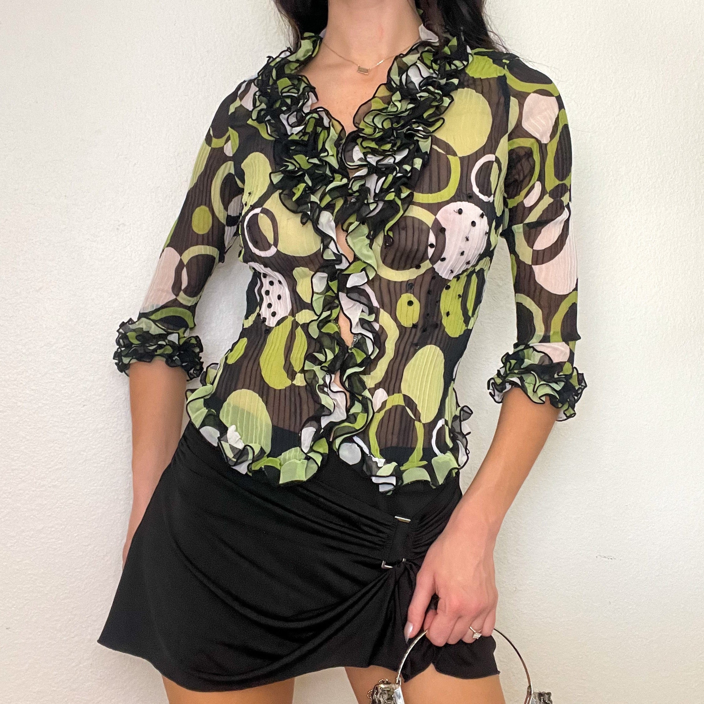 Black & Green Mesh Ruffle Blouse (S)