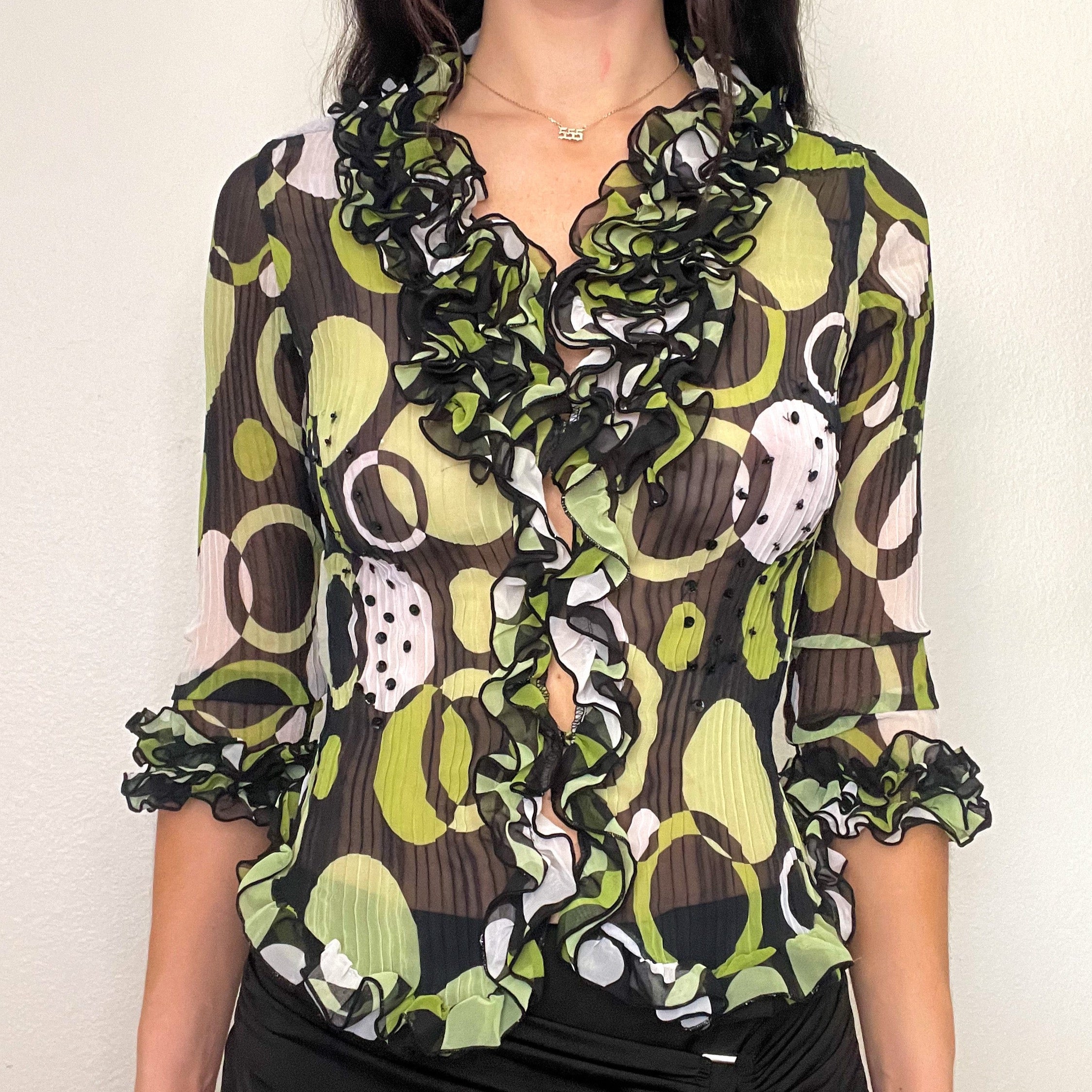Black & Green Mesh Ruffle Blouse (S)