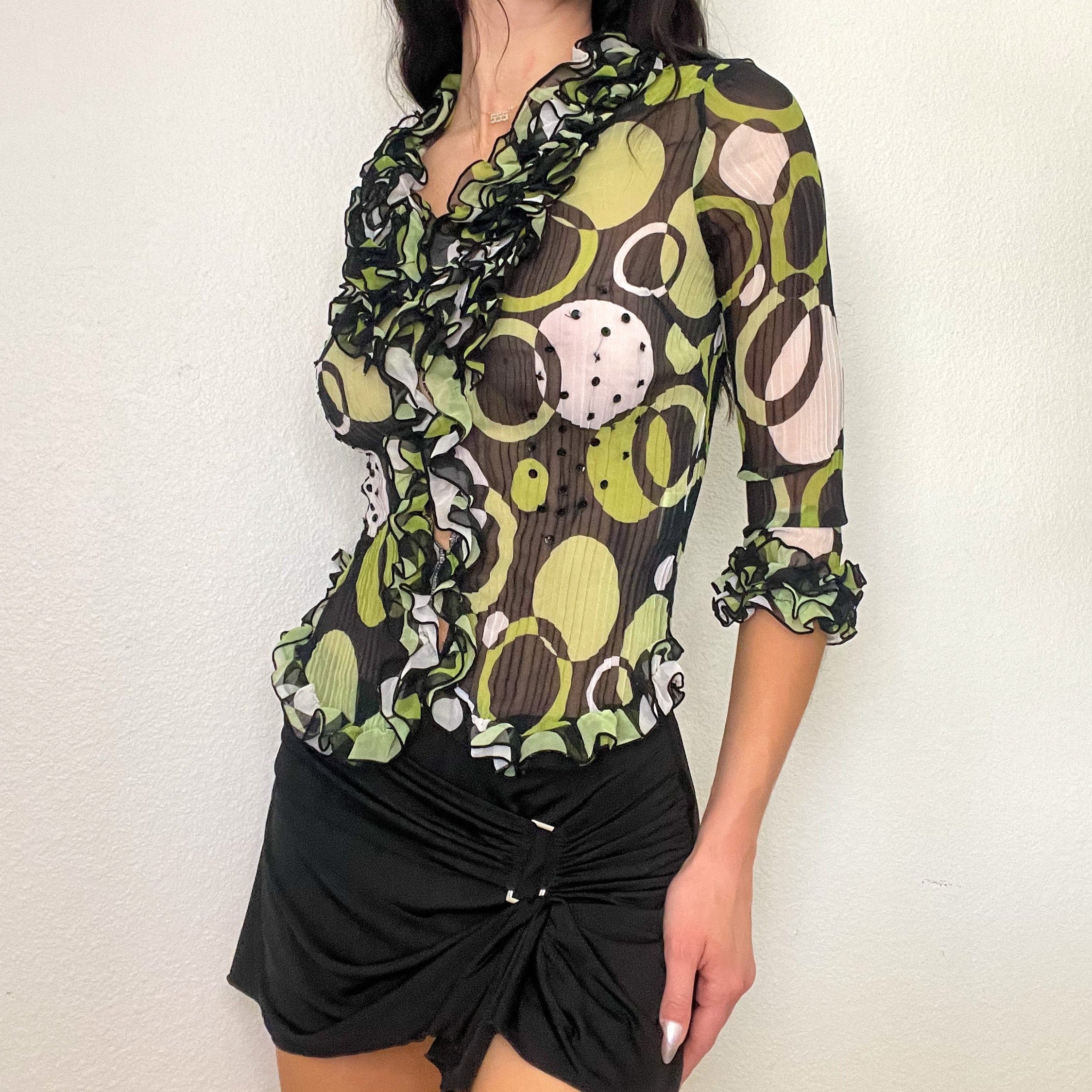 Black & Green Mesh Ruffle Blouse (S)