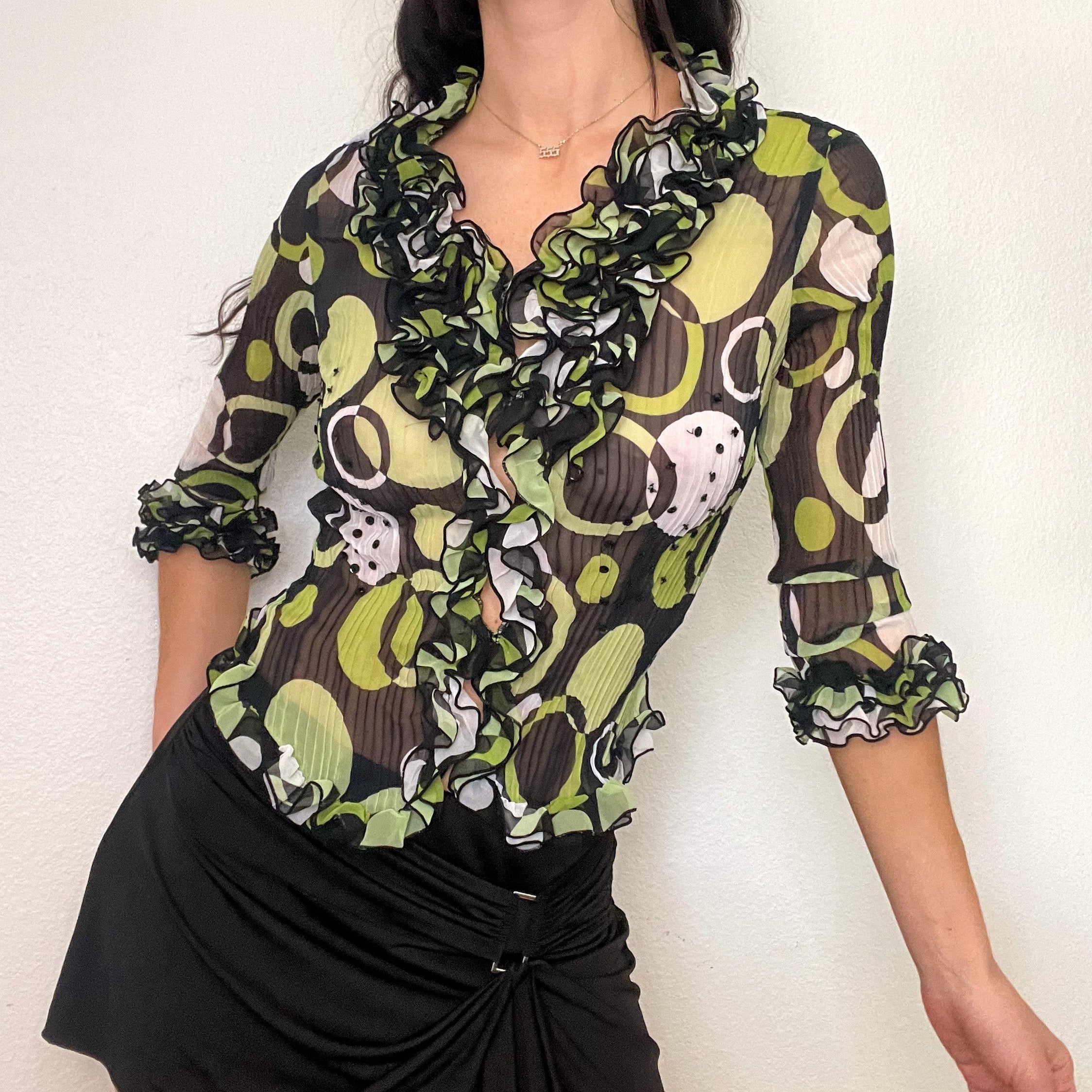 Black & Green Mesh Ruffle Blouse (S)