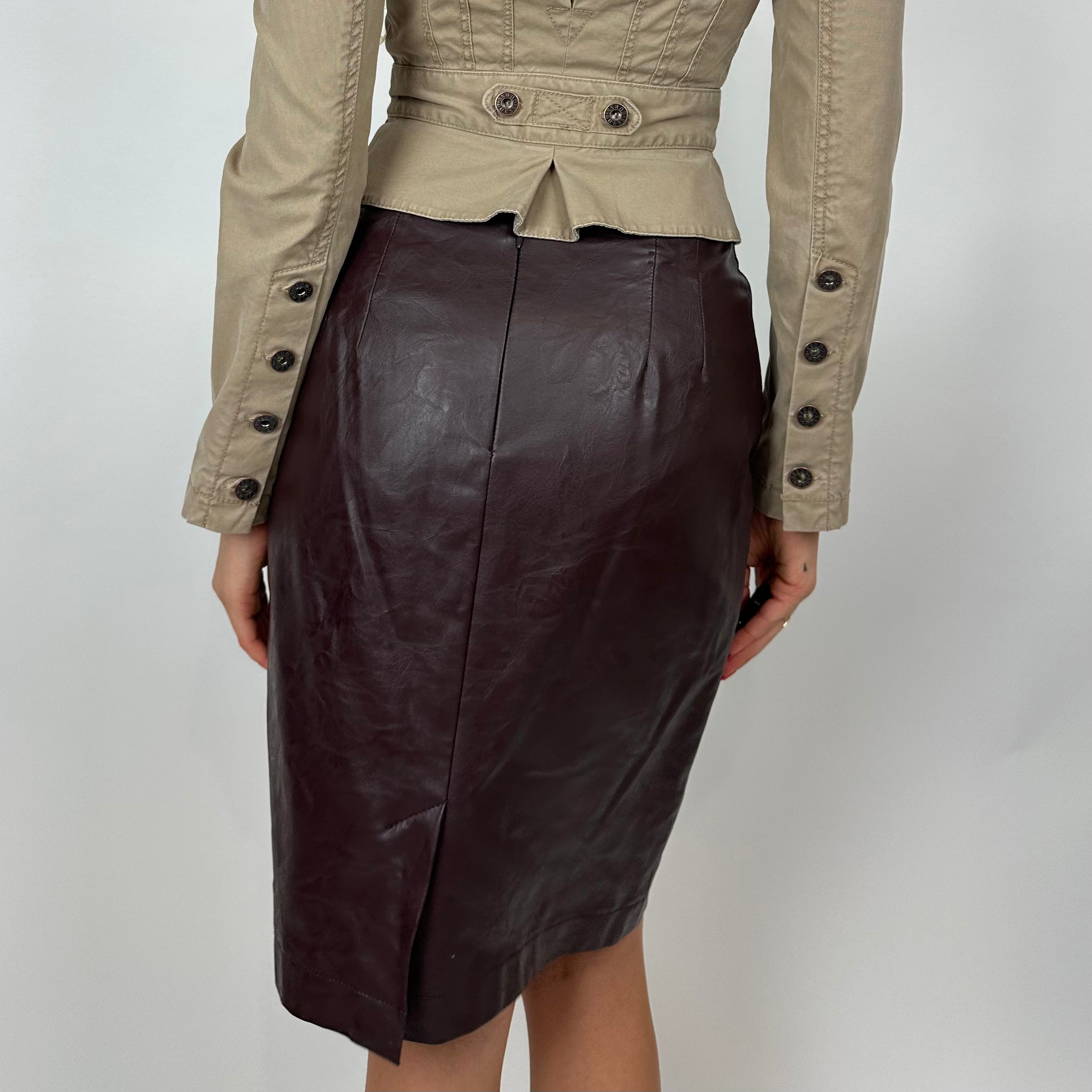 Vintage 90's Wine Burgundy Faux Leather Midi Skirt (size 4)