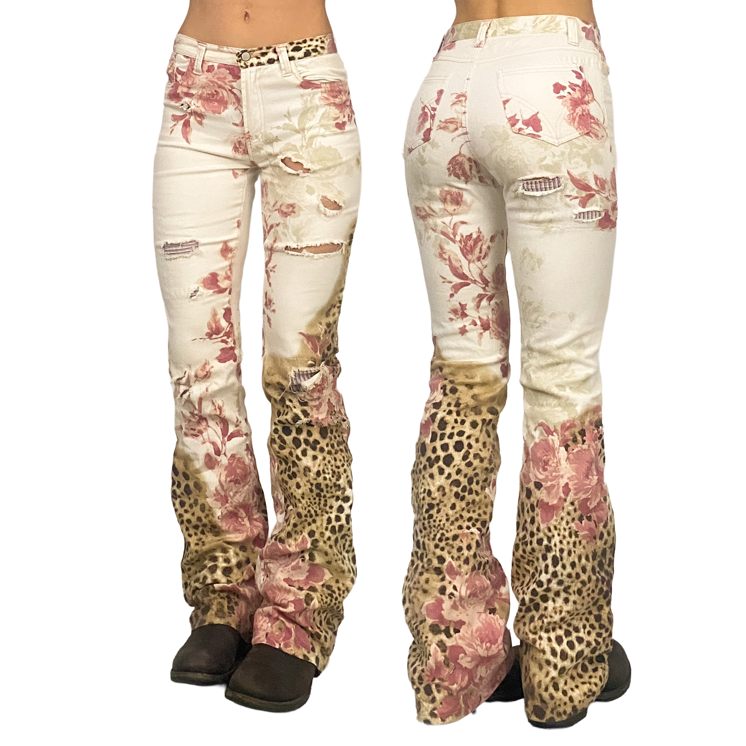Italian La Vie En Rose Floral Leopard Print Jeans (XS)