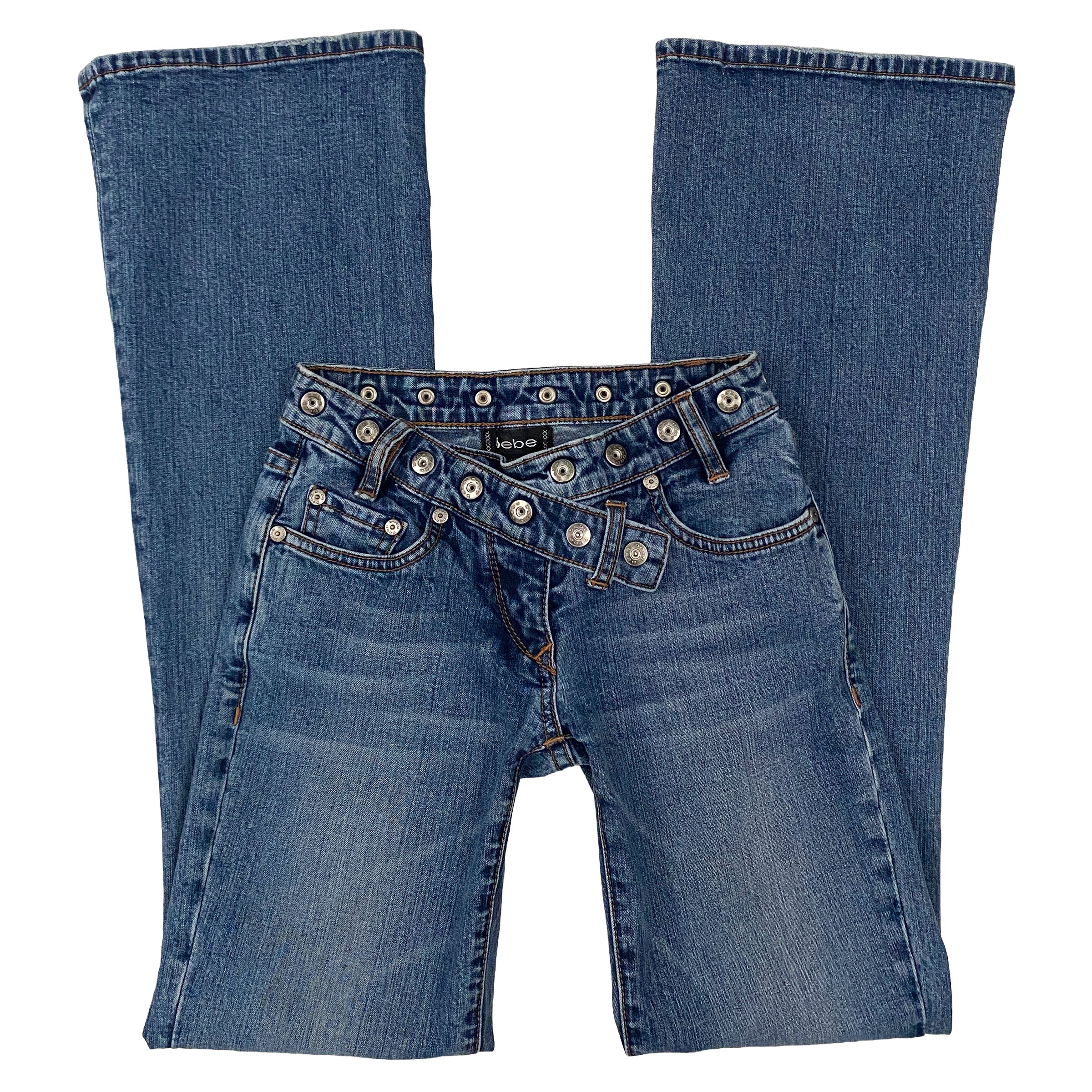 Bebe Asymmetric Button Waist Low Rise Flare Jeans (XXS/XS)
