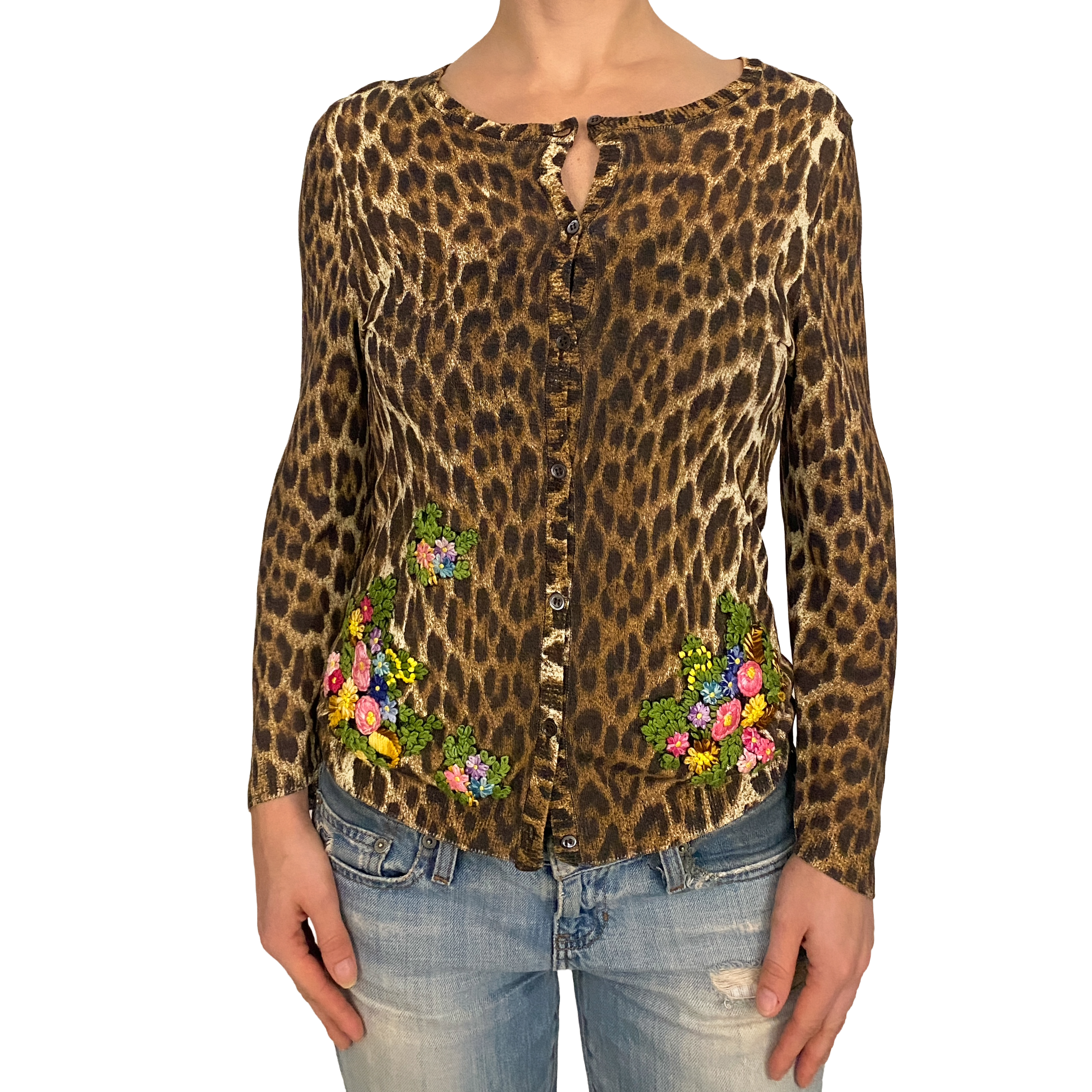 Moschino Cheap & Chic 90's Leopard Floral Embroidered Cardigan (S/M)
