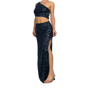Navy Embellished Silk Maxi Skirt Set (S/M)