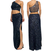 Jovani Vintage Navy Embellished Silk Maxi Skirt Set (S/M)