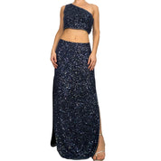 Navy Embellished Silk Maxi Skirt Set (S/M)