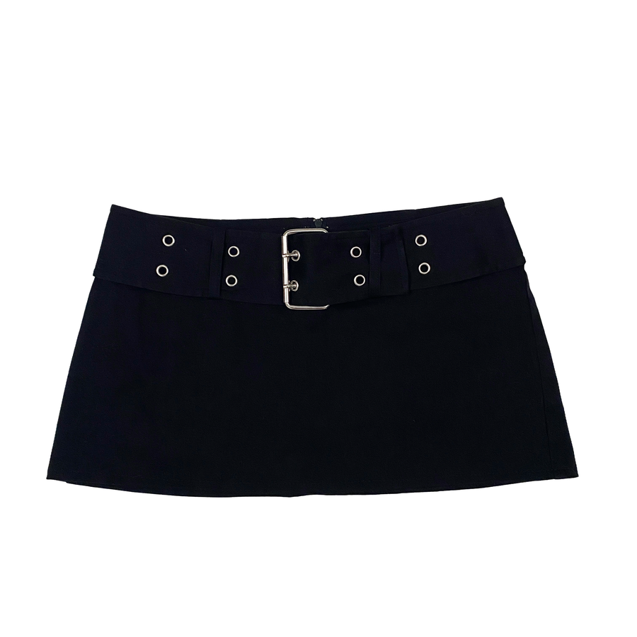 Tracy Evans 2000s Black Cotton Buckle Mini Skirt (XS)