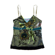 Hale Bob Y2K Green Floral Silk Blend Beaded Cami Top (s)