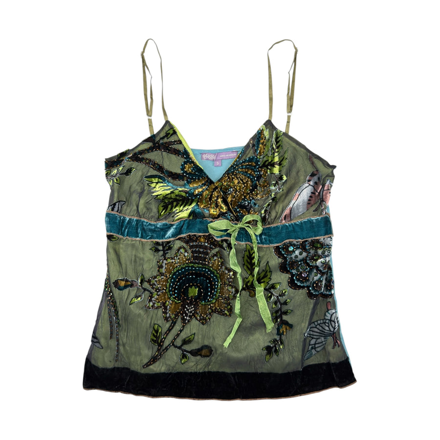 Hale Bob Y2K Green Floral Silk Blend Beaded Cami Top (s)