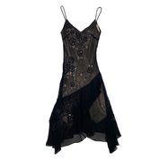 Sue Wong Black Silk Embellished Flower Handkerchief Dress (M)